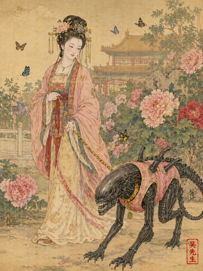 Tang Noblewoman Walking an Alien in a Pink Vest
