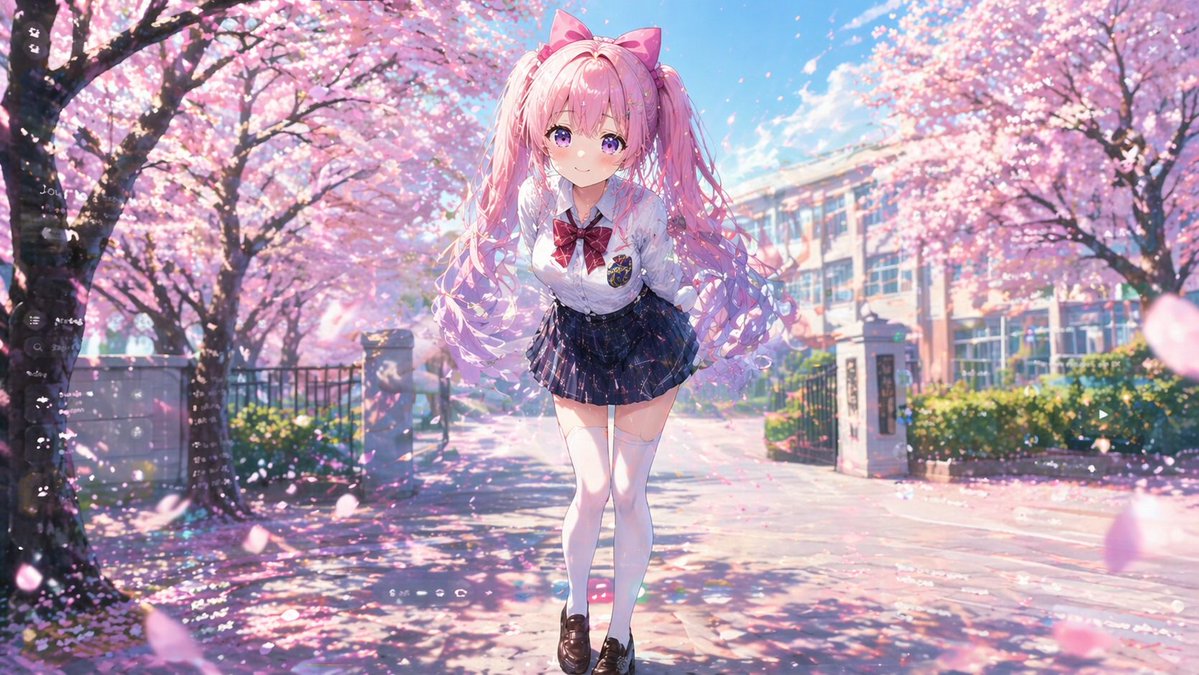 Shy Twin-Tailed Character beneath Cherry Blossoms