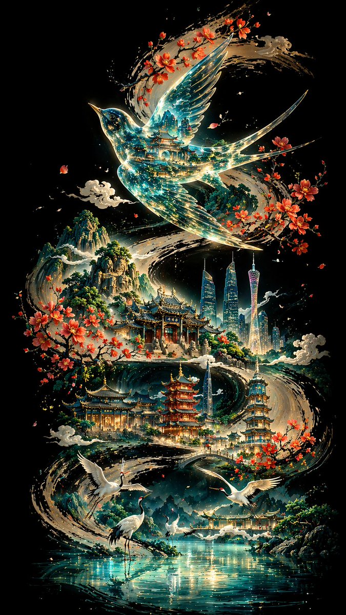 Glass Songbird over an Ink-Wash Guangzhou Scroll