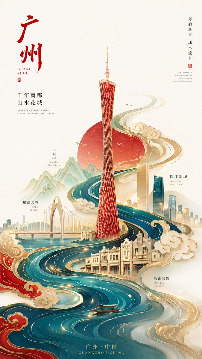 Minimal Chinese-Style Gilded Canton Tower Poster