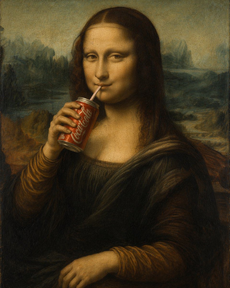 Mona Lisa Drinking Cola: Playful Oil Painting