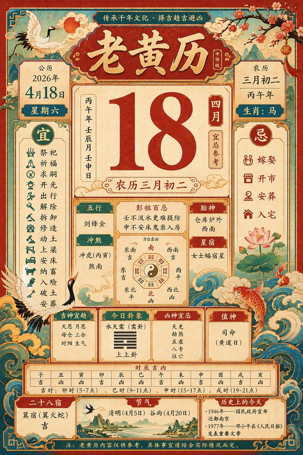 Traditional Chinese Almanac: April 18, 2026
