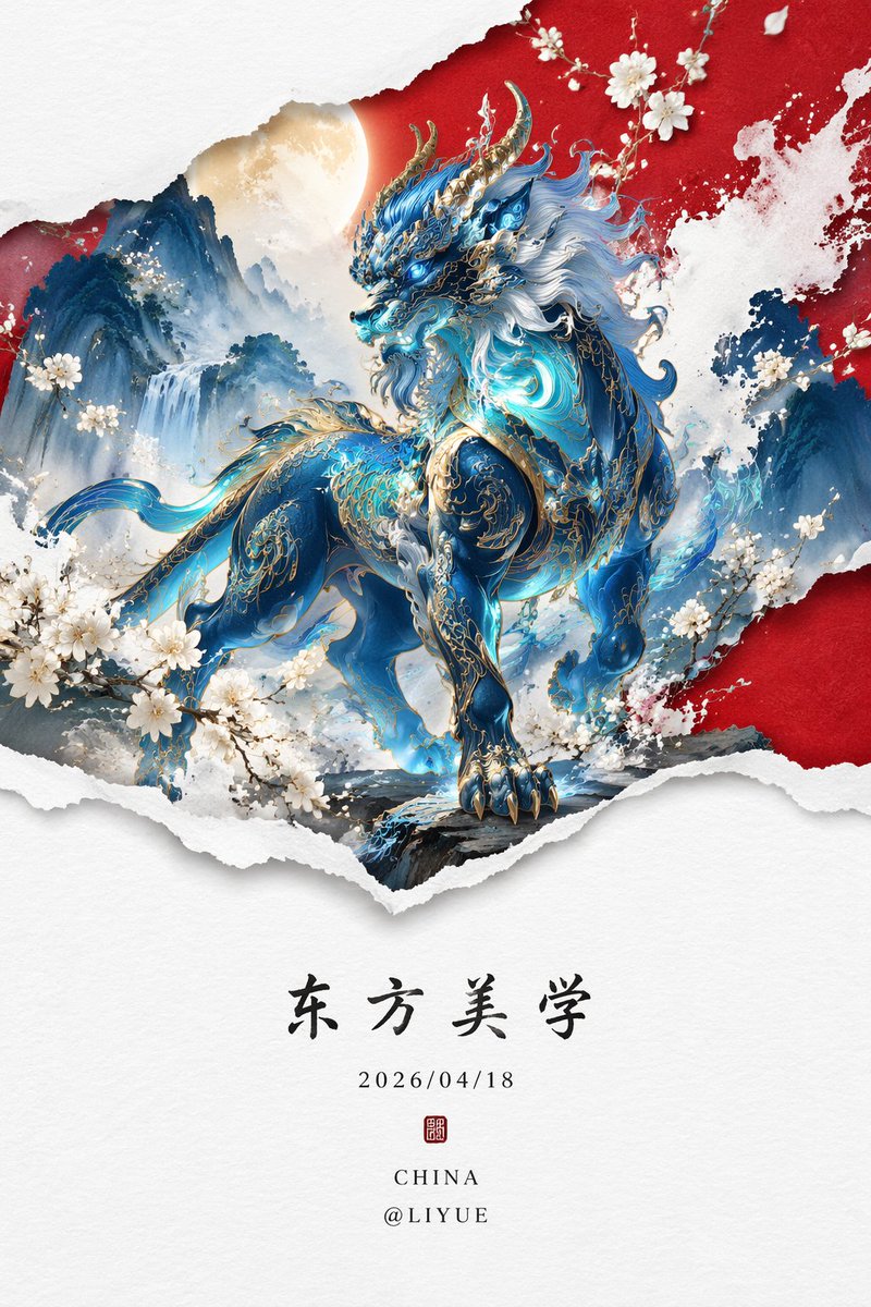 Glowing Blue Qiongqi in a Modern Chinese Landscape