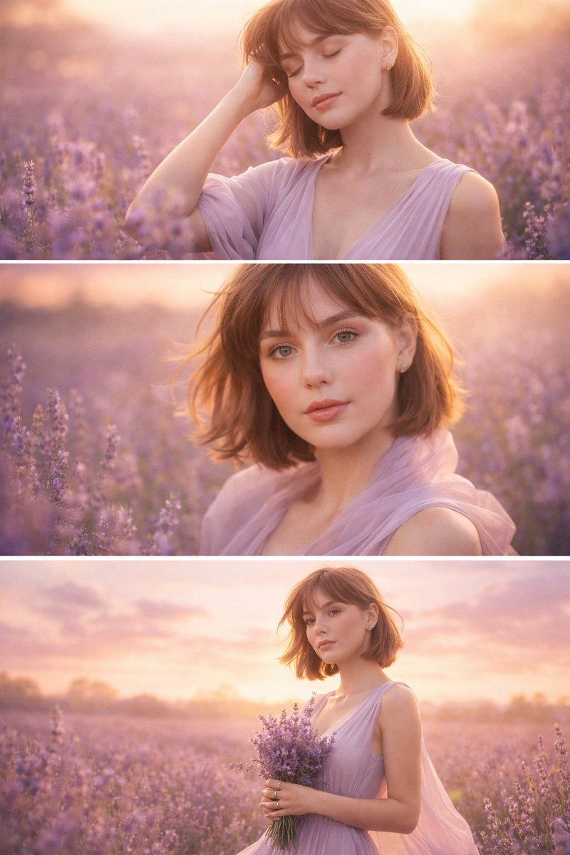 Dreamy Dawn Portrait Triptych in a Lavender Field