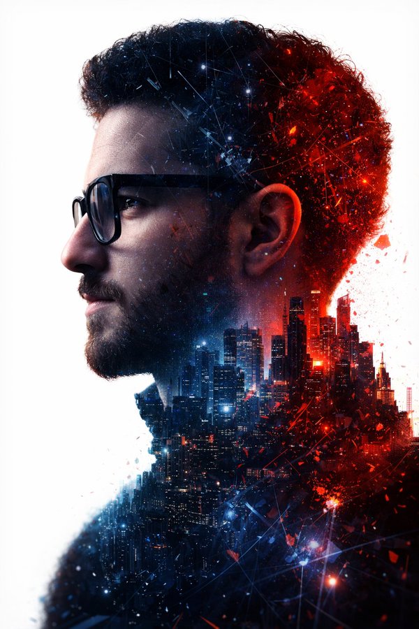 Futuristic City Double-Exposure Portrait in Red and Blue