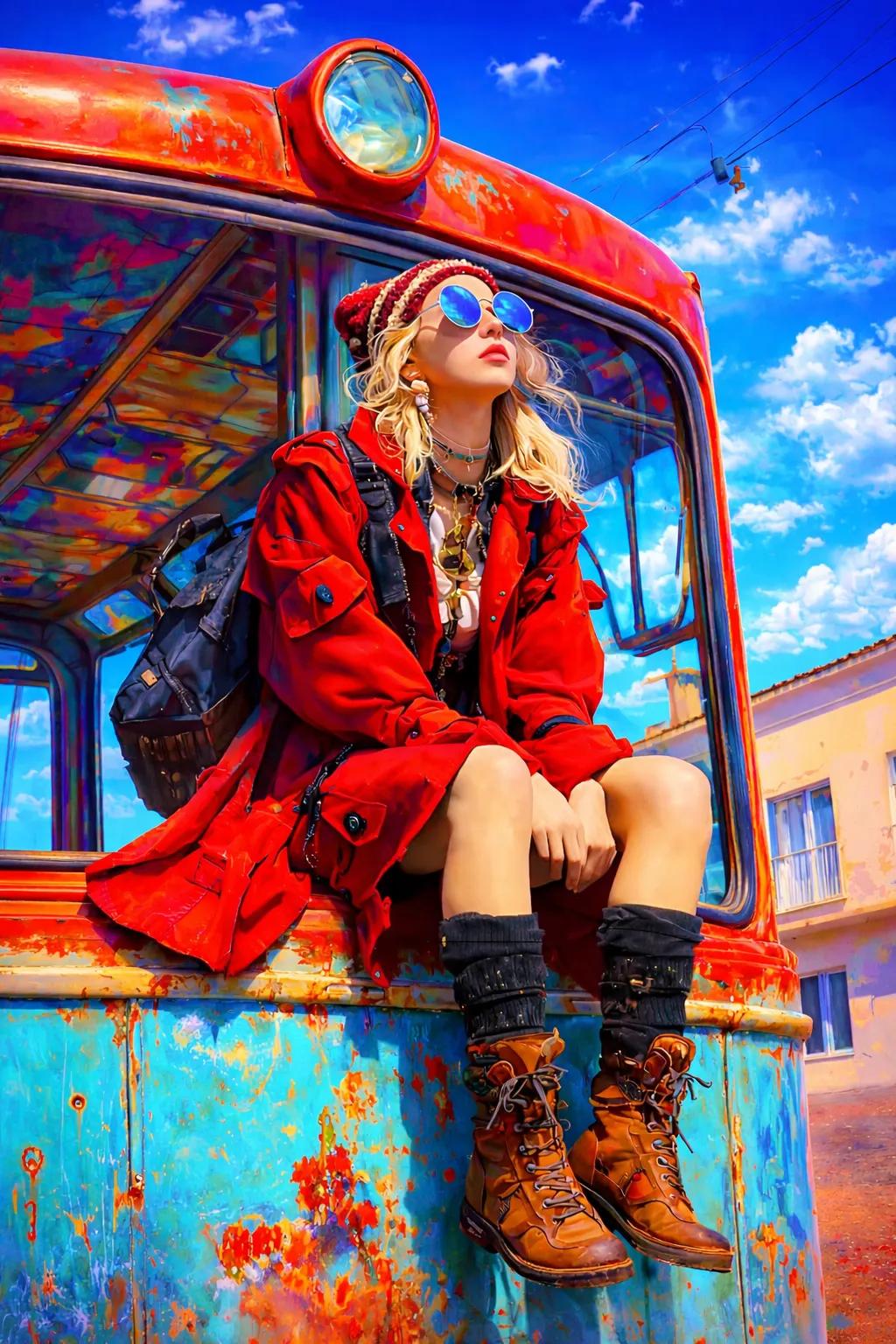 Woman in a Red Trench Coat on a Vintage Bus