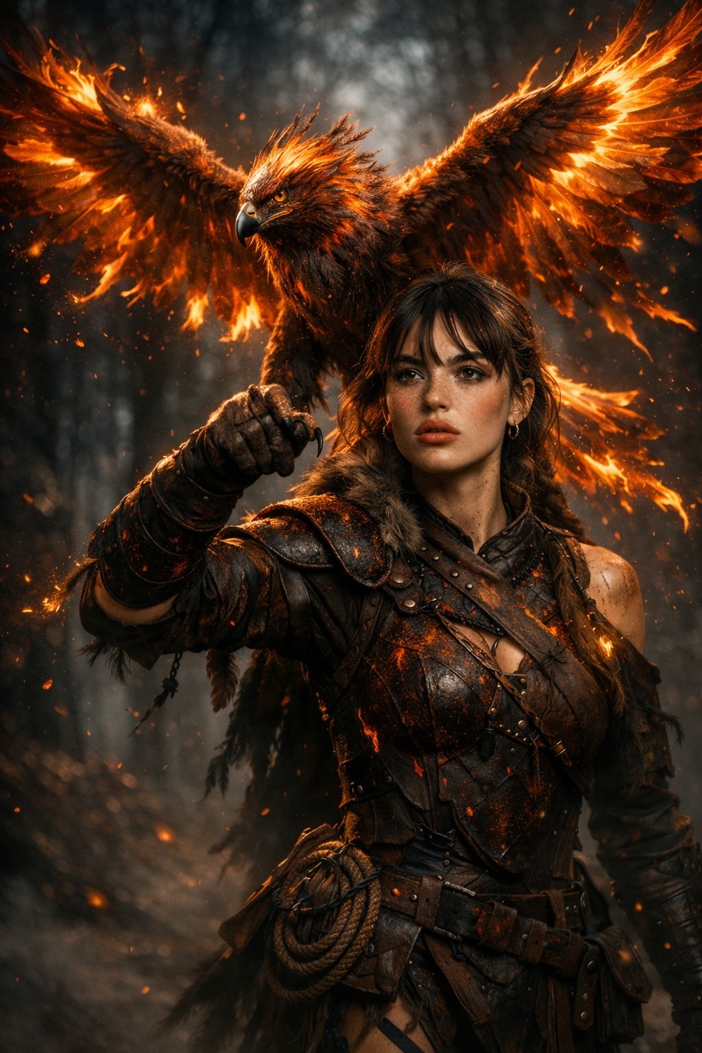 Ember-Armored Falconer and Fiery Divine Bird