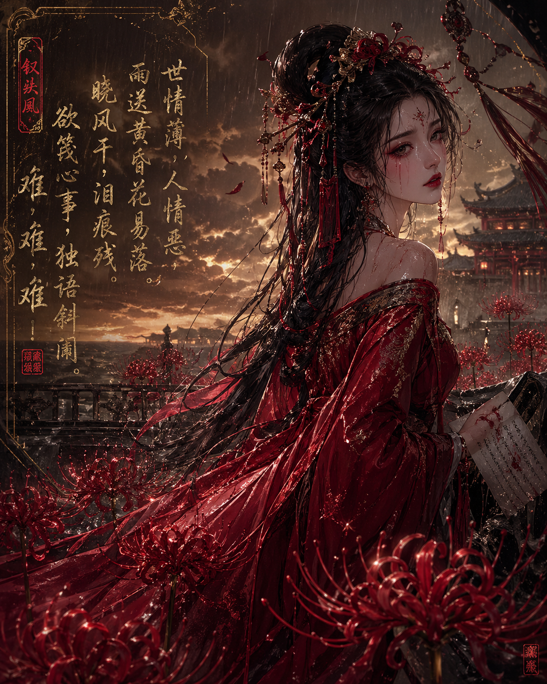 Woman in Red Among Spider Lilies