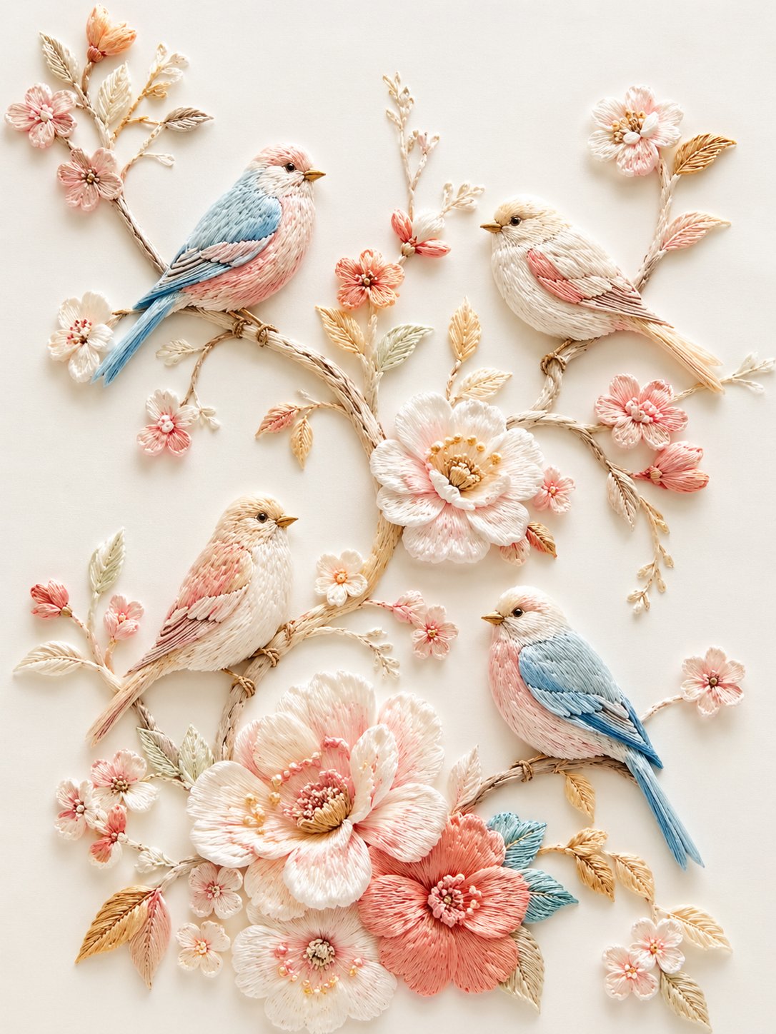 Three-dimensional embroidery bird flower branches