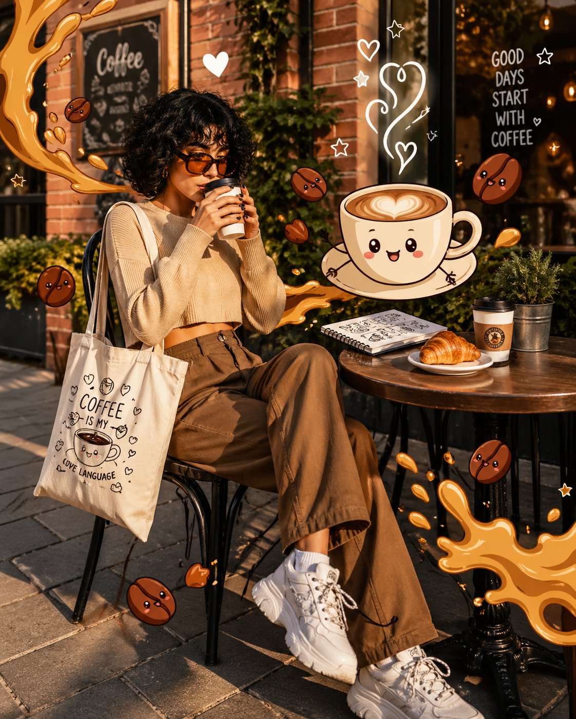 Realistic Cafe Photo with 2D Doodles