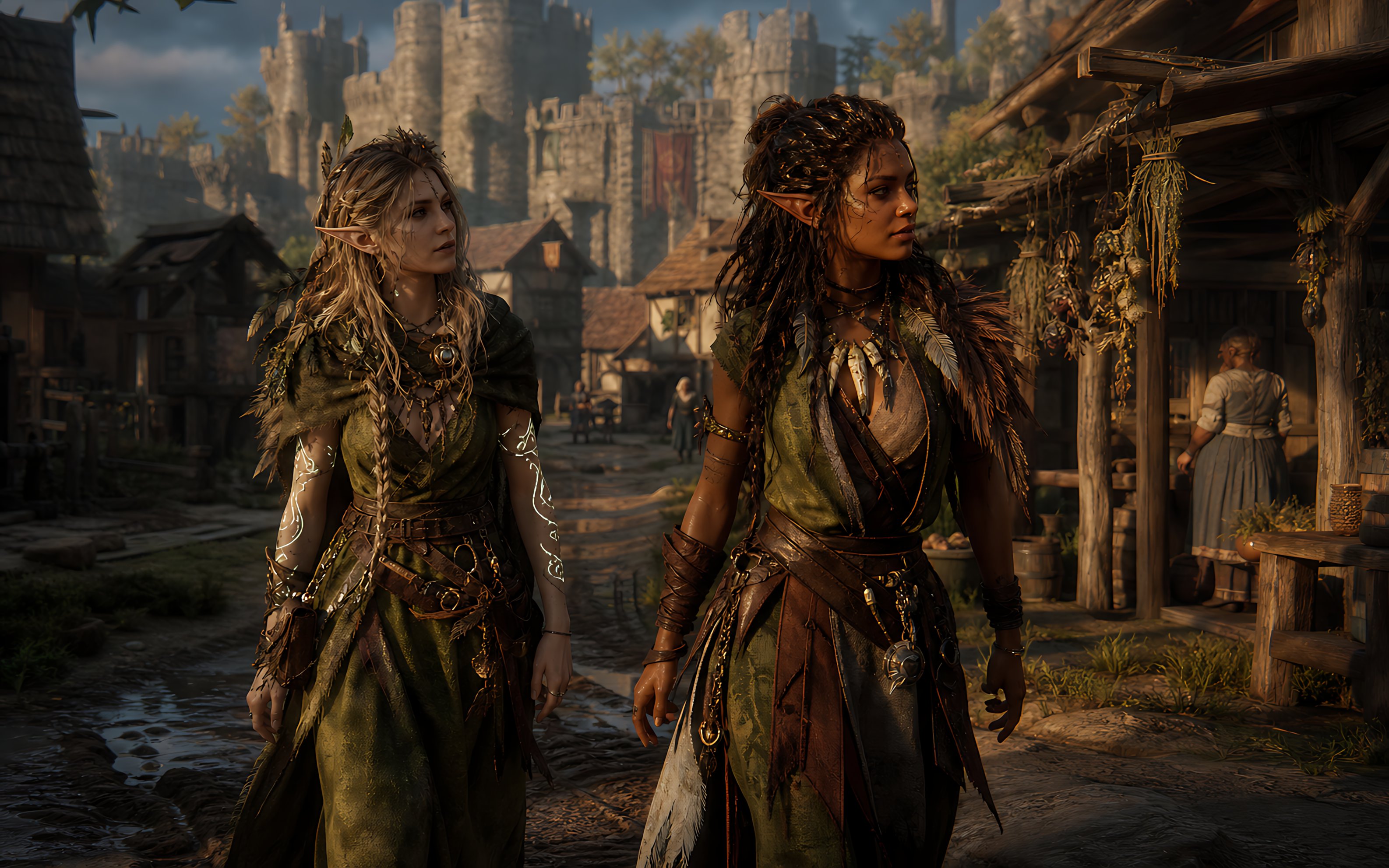 Two Elf Adventurers in a Medieval Village