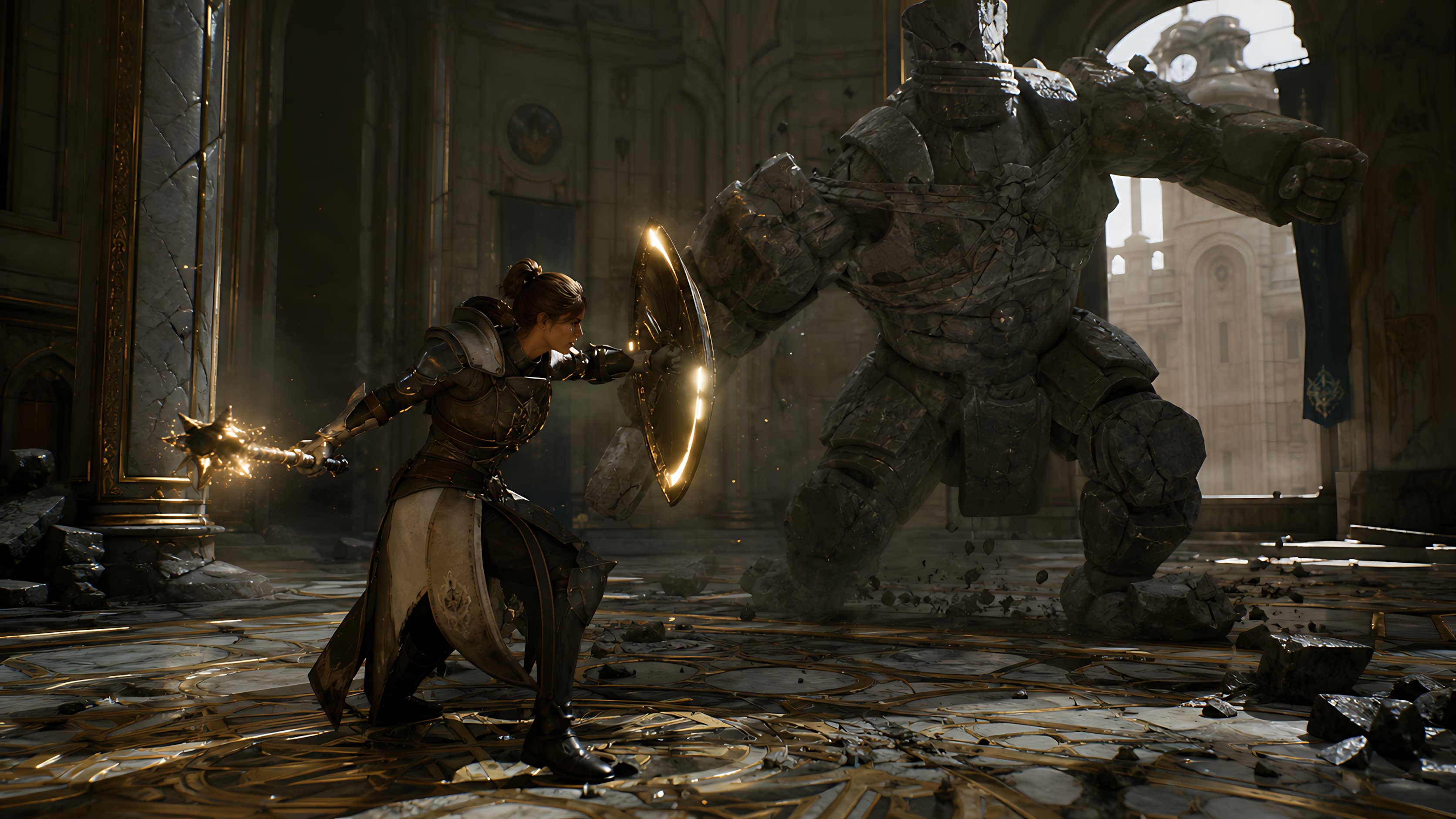 Knight and Mage Battling a Stone Golem