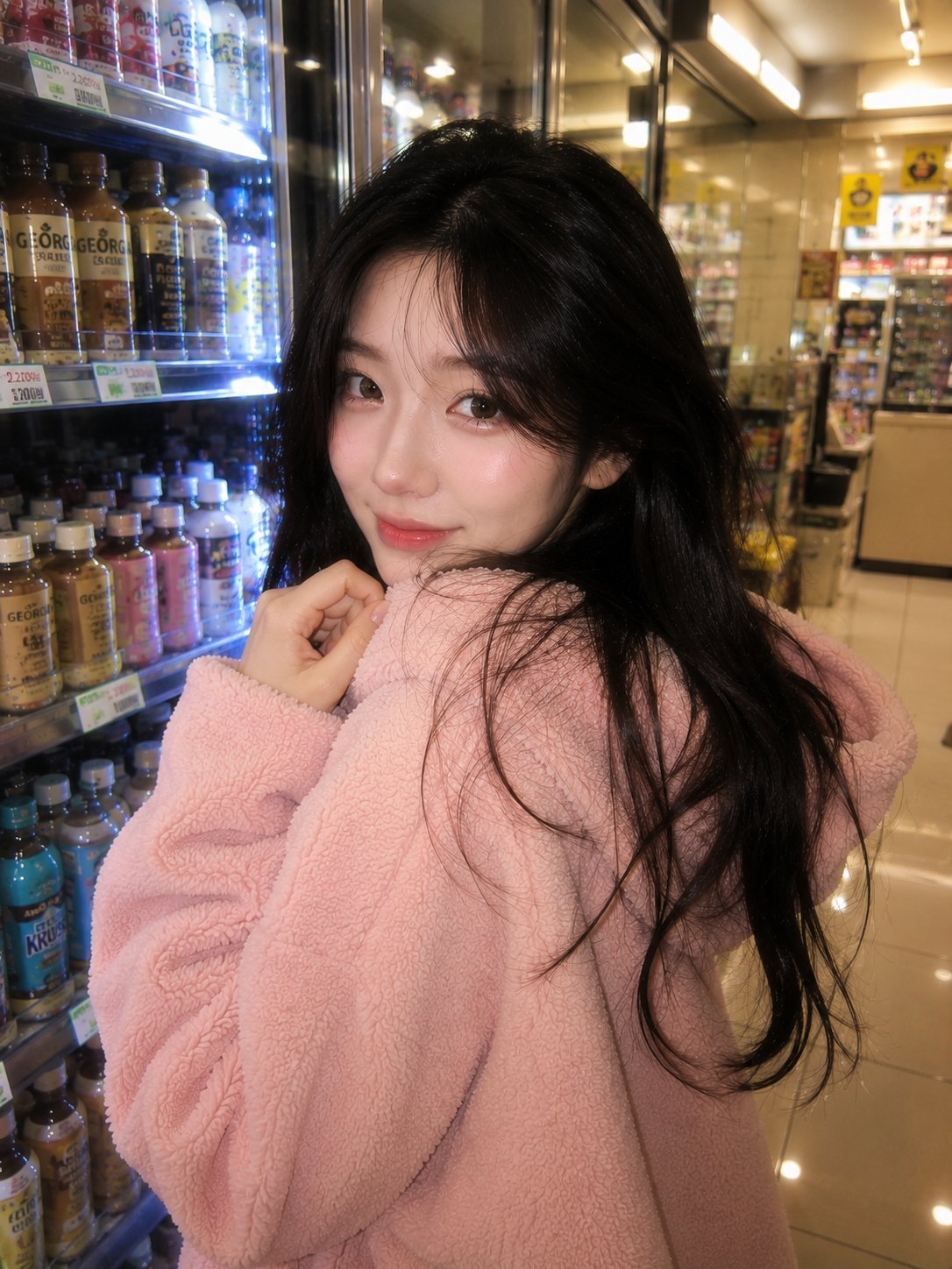 Pink Hoodie Portrait at a Korean Convenience Store