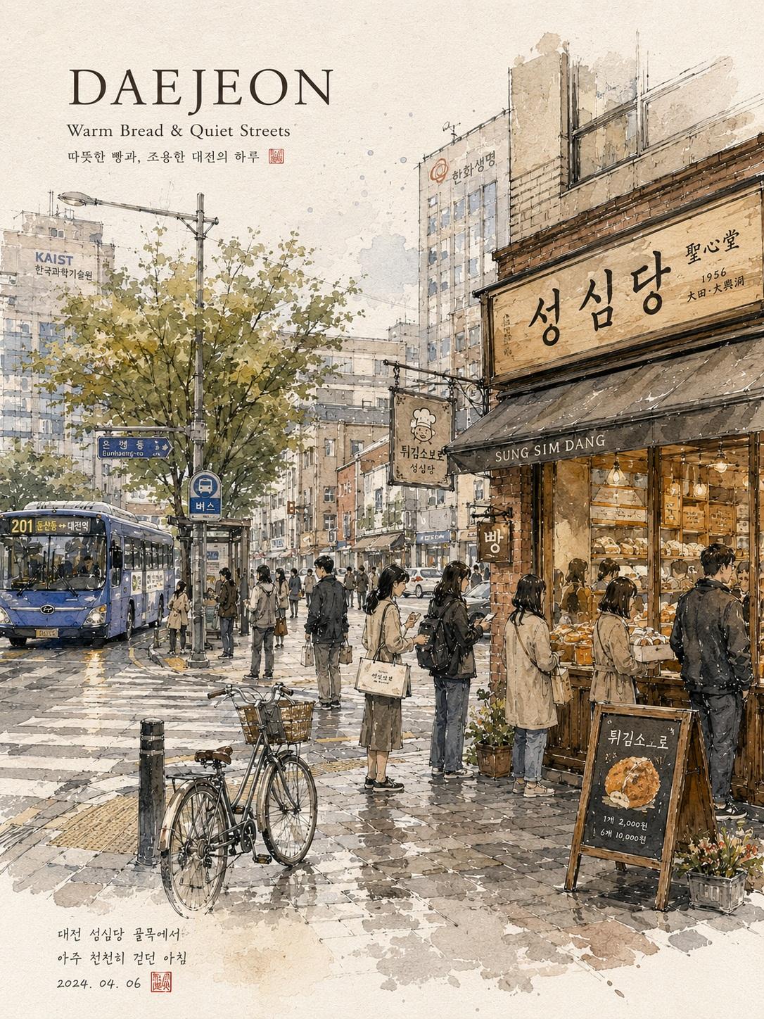 Korean City Watercolor Travel Illustration