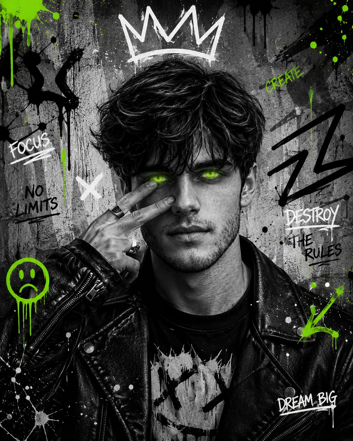 Black-and-White Portrait with Neon Doodles