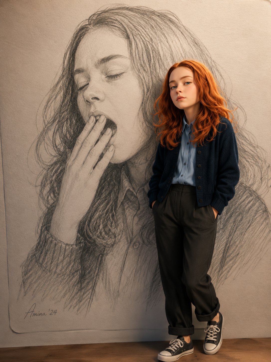 3D Double in a Pencil-Drawn Background