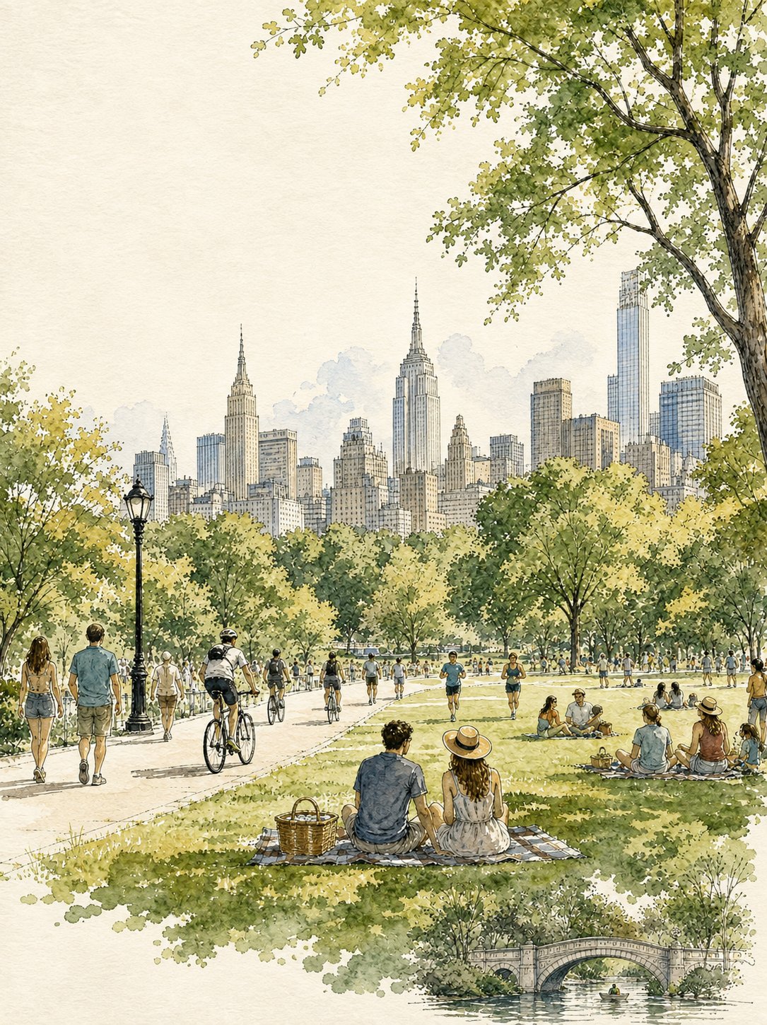Manhattan Park Watercolor Travel Illustration