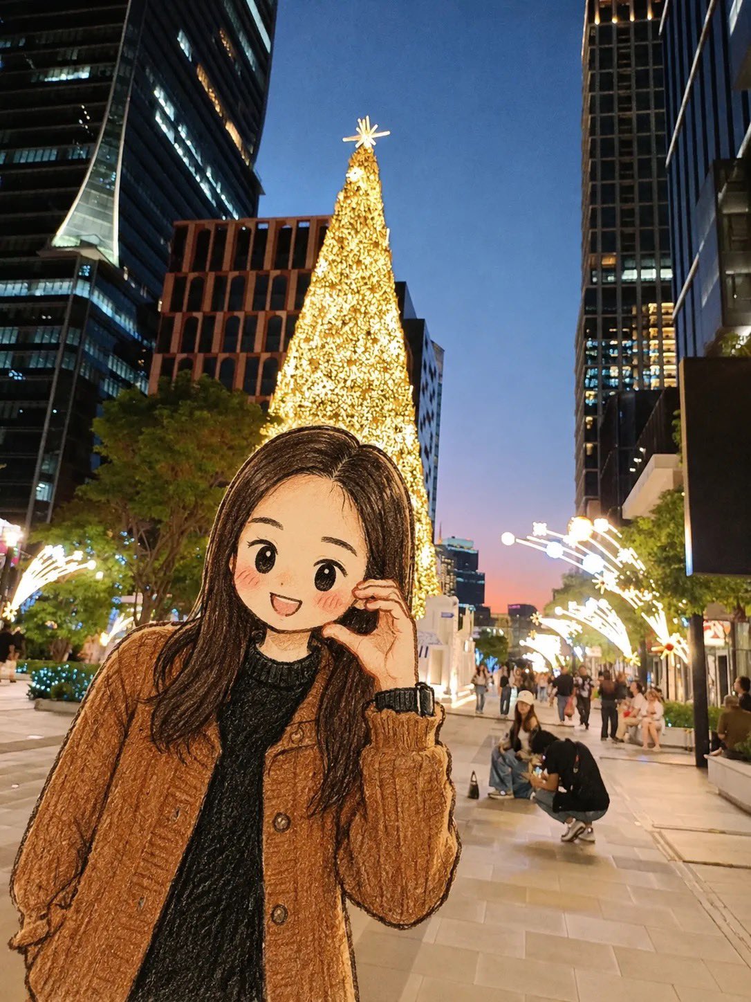 Christmas street scene Chibi real background portrait